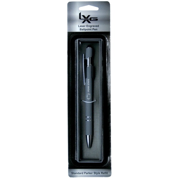 laser engraved rubber grip gray pen with Penn State and Athletic Logo